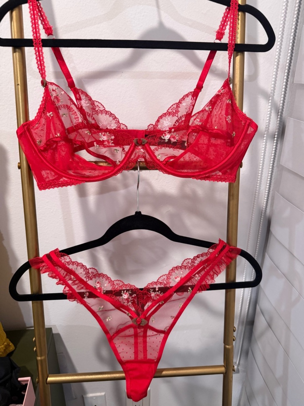 For Love and Lemons Red Lace Sheer Bralette & Thong Set - Women Intimates XL